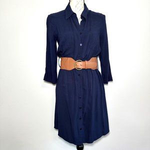 A.BYER | Dark Blue Navy Button Down Dress 3/4 Sleeve w/ Chunky Belt | Size M